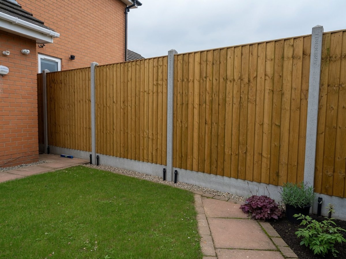 Timber fence panels enclosing a British garden lawn and shed