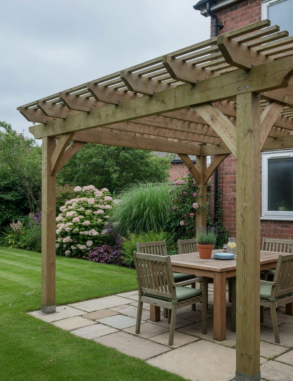 Timber pergola over a garden seating area