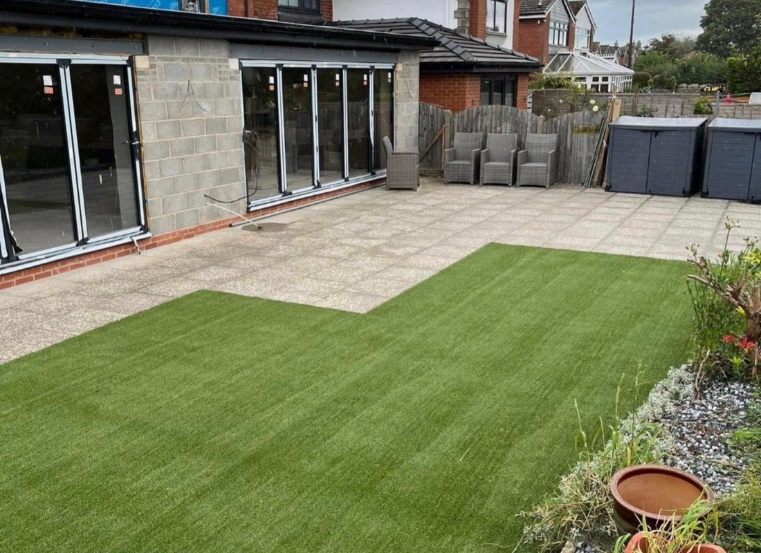 Patio and laid lawn in a Lancashire back garden